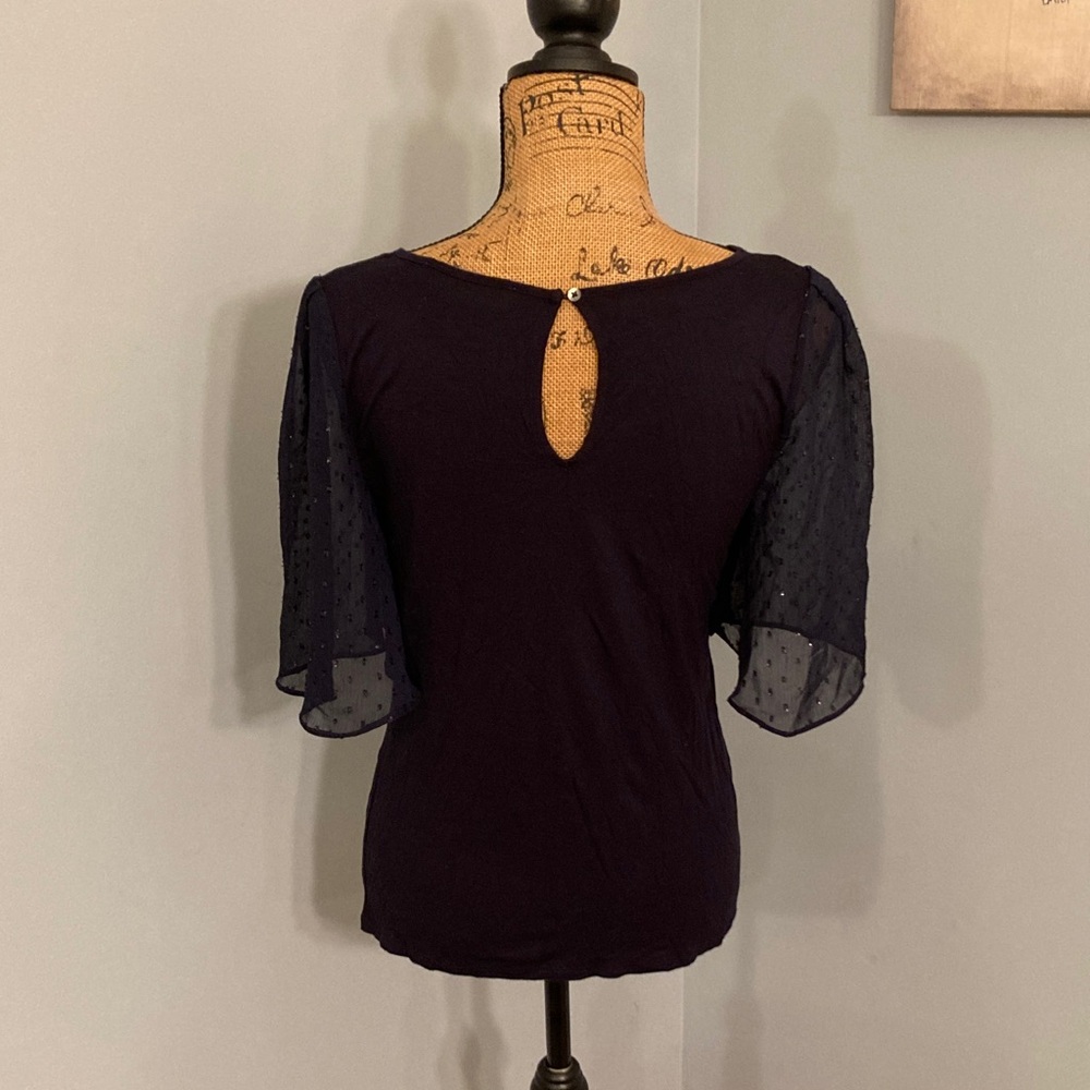 LOFT Dark Blue Blouse with Sheer Sparkly Dot Sleeve Women Size Small - Picture 3 of 11